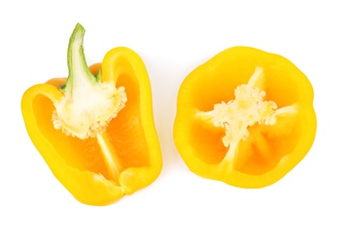 Photo of Cut yellow bell peppers isolated on white, top view