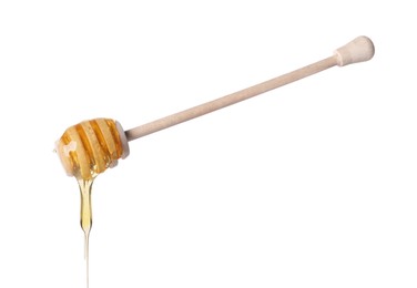 Photo of Fresh honey dripping from dipper on white background