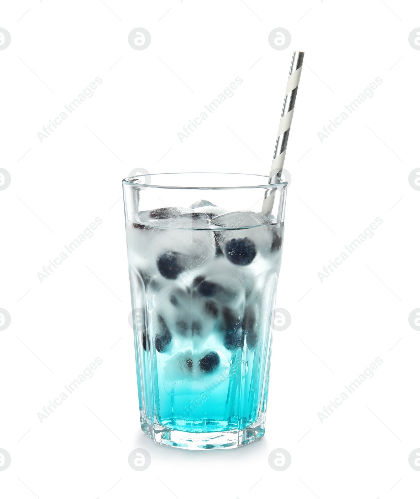 Photo of Tasty cocktail with blueberry ice cubes on white background