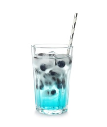 Photo of Tasty cocktail with blueberry ice cubes on white background