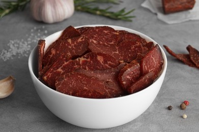Delicious beef jerky in bowl on light gray table, closeup