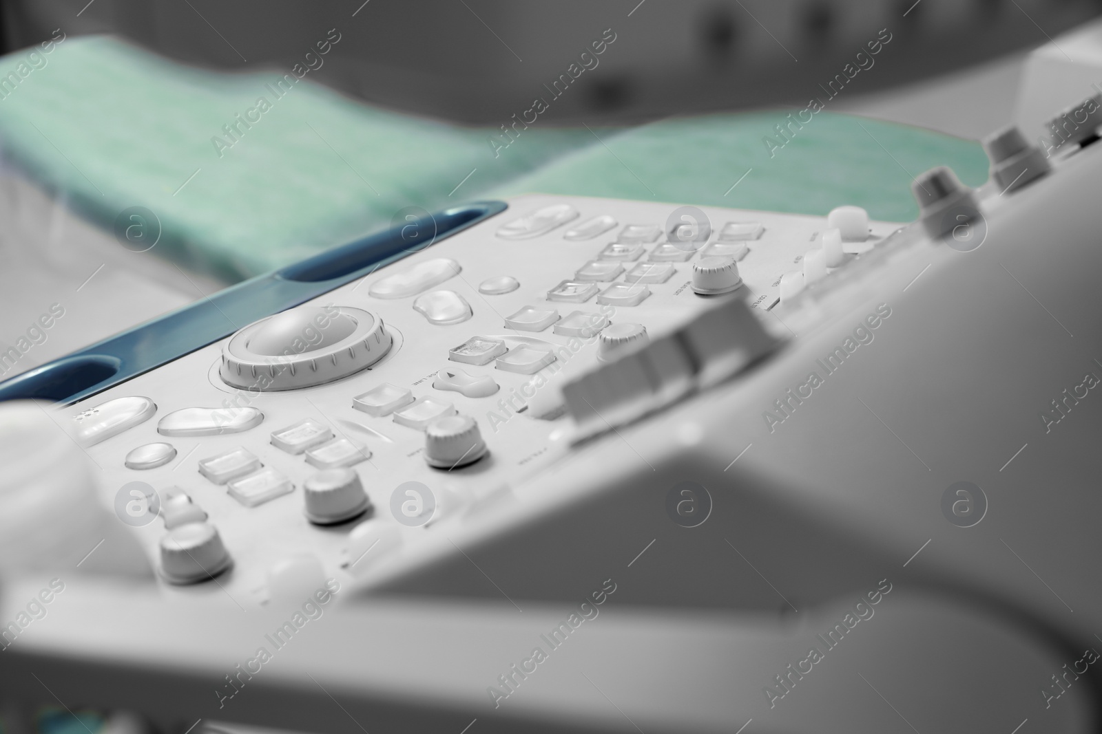 Photo of Ultrasound control panel indoors, closeup. Medical equipment