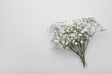 Photo of Beautiful bouquet of white gypsophila flowers on light grey background, top view. Space for text