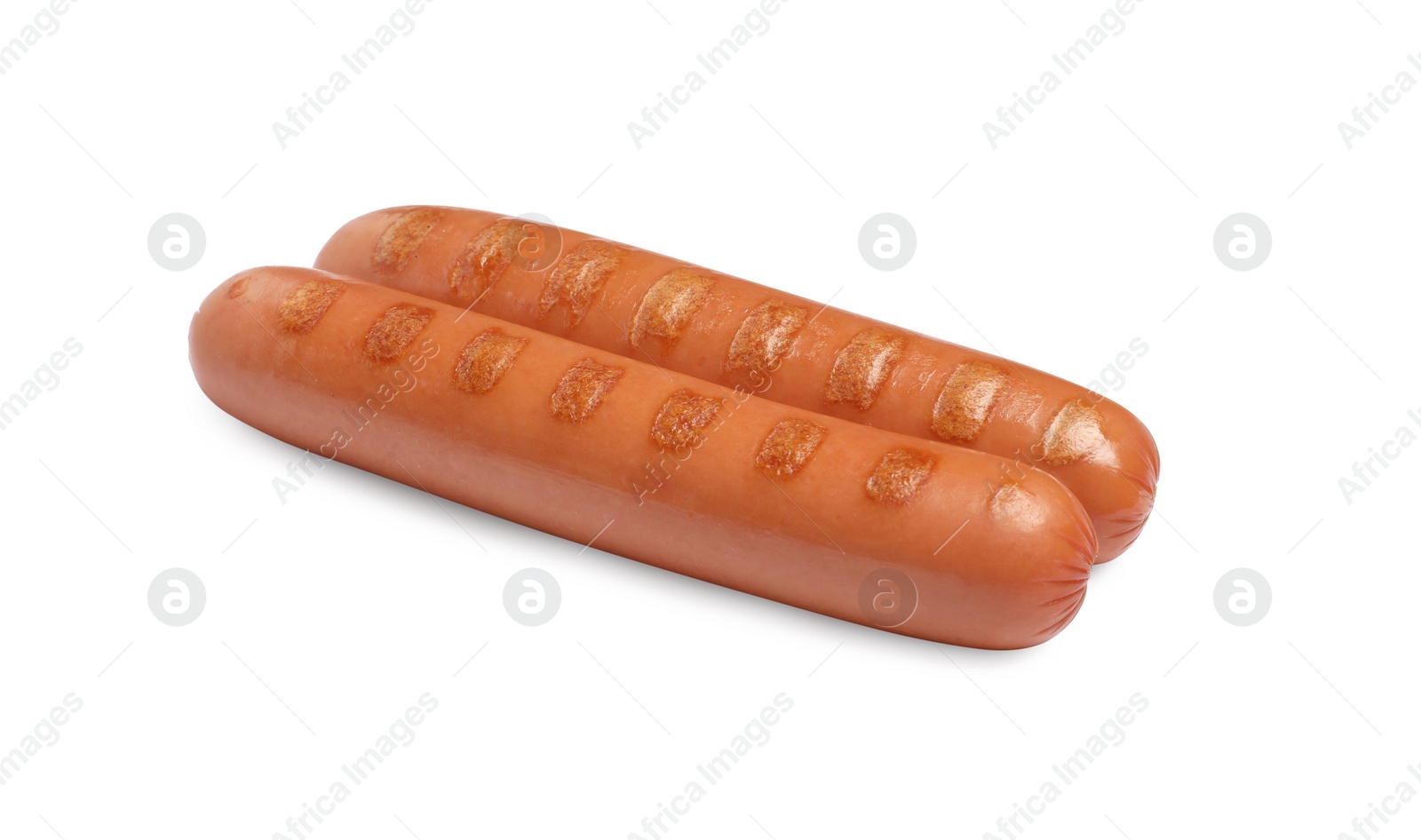 Photo of Tasty grilled sausages on white background. Ingredients for hot dogs