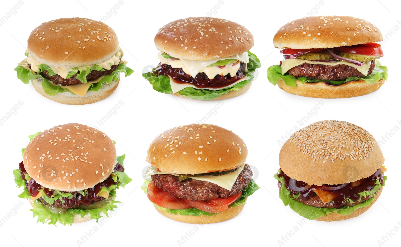 Image of Burgers with delicious patties isolated on white, set