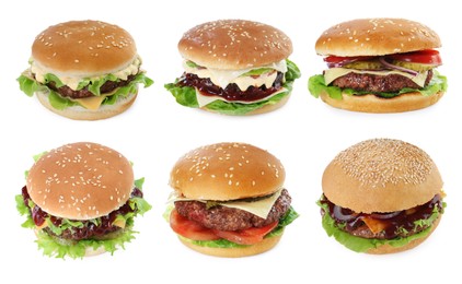 Burgers with delicious patties isolated on white, set