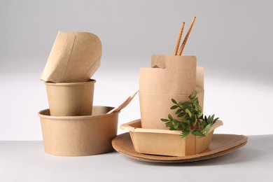 Eco friendly food packaging. Paper containers, tableware and green twigs on light background