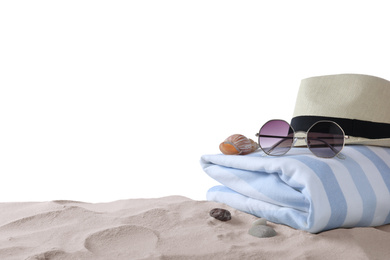 Photo of Composition with beach objects on sand against white background. Space for text