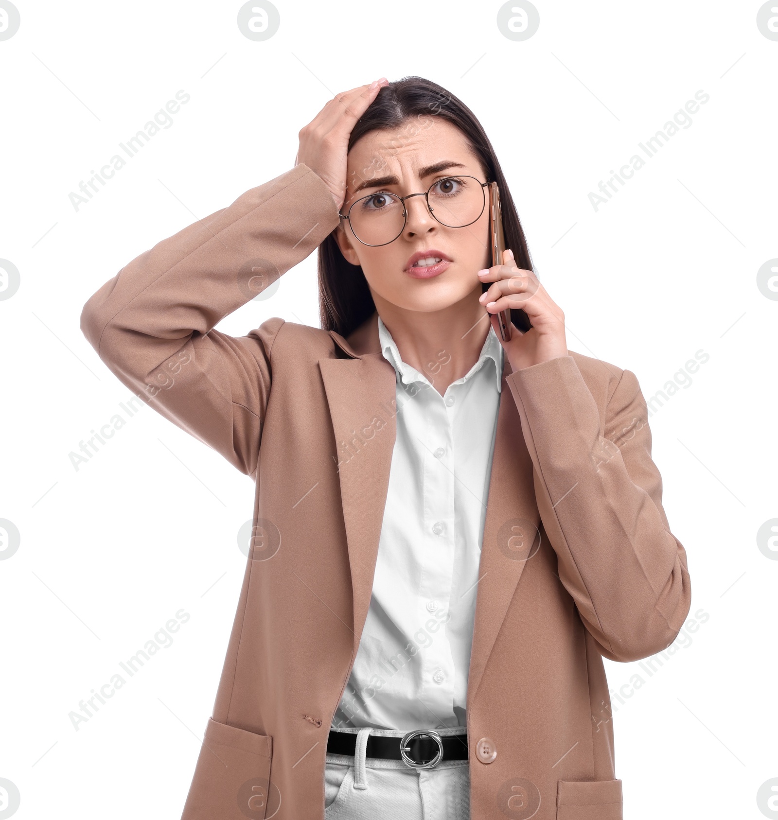 Photo of Beautiful businesswoman talking on smartphone against white background