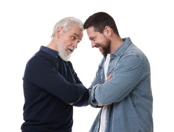 Photo of Happy son and his dad on white background