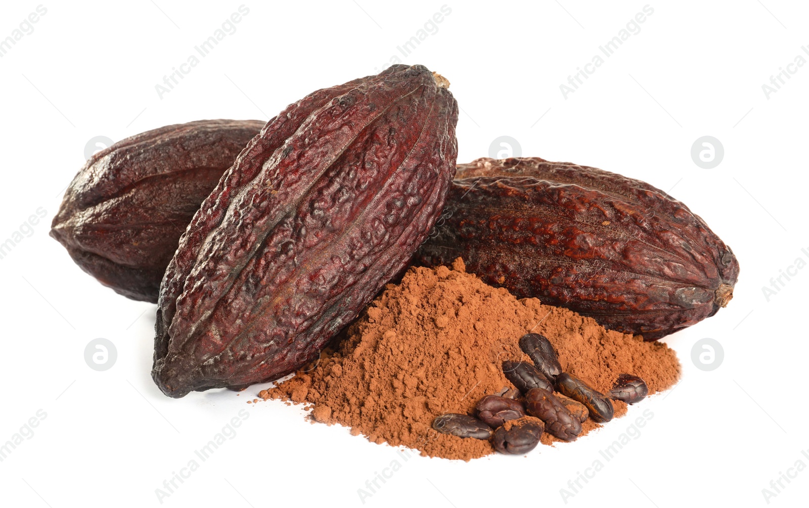 Photo of Whole cocoa pods, powder and beans on white background