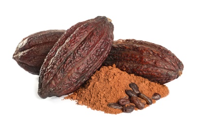 Photo of Whole cocoa pods, powder and beans on white background