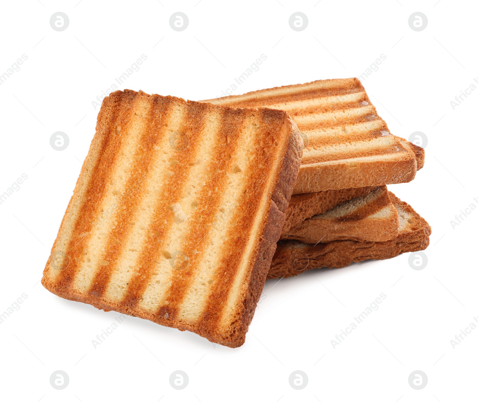 Photo of Slices of delicious toasted on white background