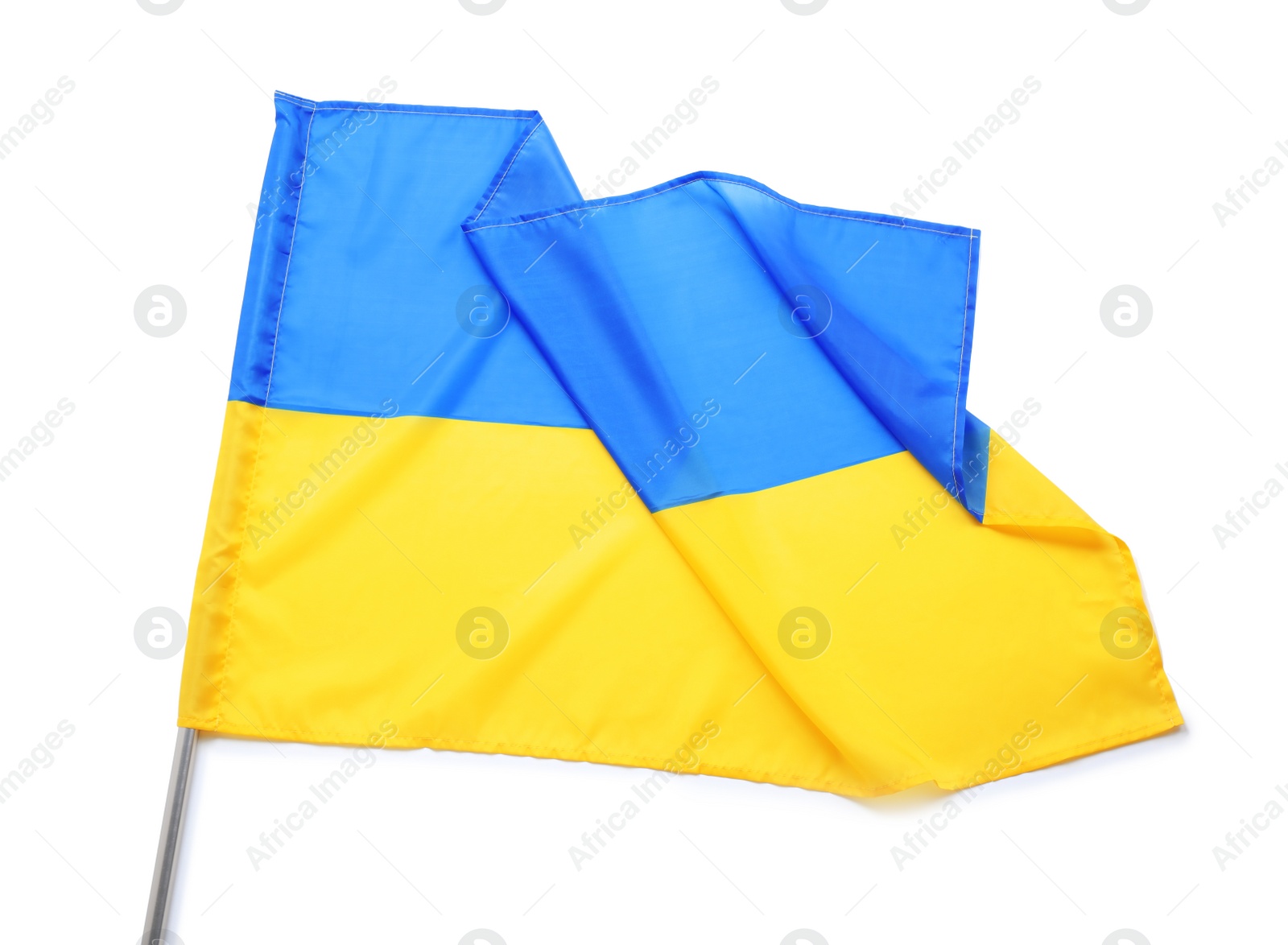 Photo of National flag of Ukraine isolated on white, top view