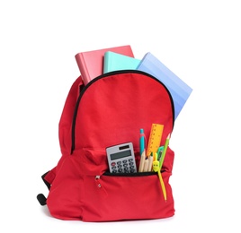 Stylish backpack with school stationery on white background