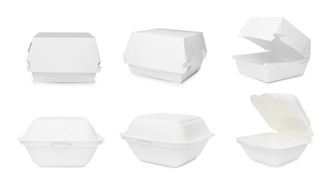 Image of Set with empty containers for food on white background. Banner design