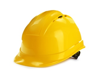 Photo of Modern hard hat isolated on white. Construction tools