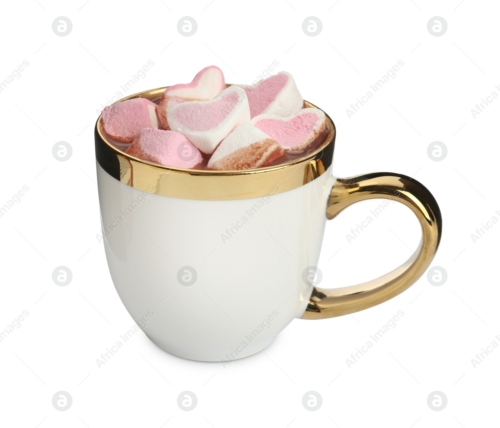 Photo of Cup of delicious hot chocolate with marshmallows isolated on white