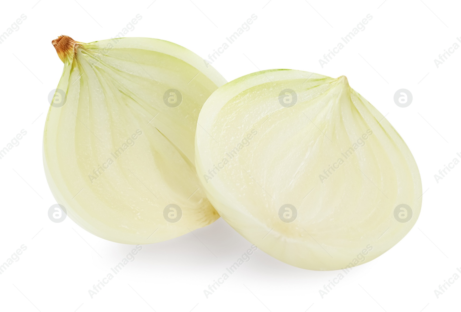 Photo of Halves of fresh ripe onion on white background