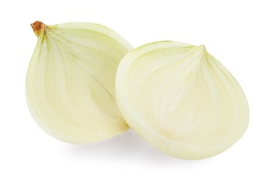 Halves of fresh ripe onion on white background