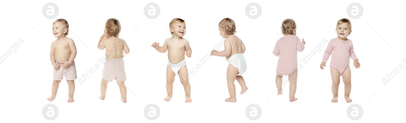 Image of Collage with photos of cute baby learning to walk on white background. Banner design