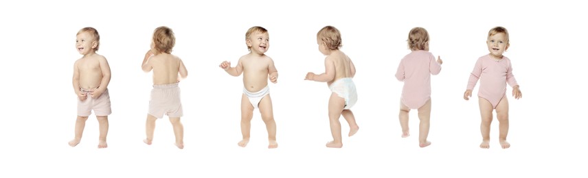 Image of Collage with photos of cute baby learning to walk on white background. Banner design