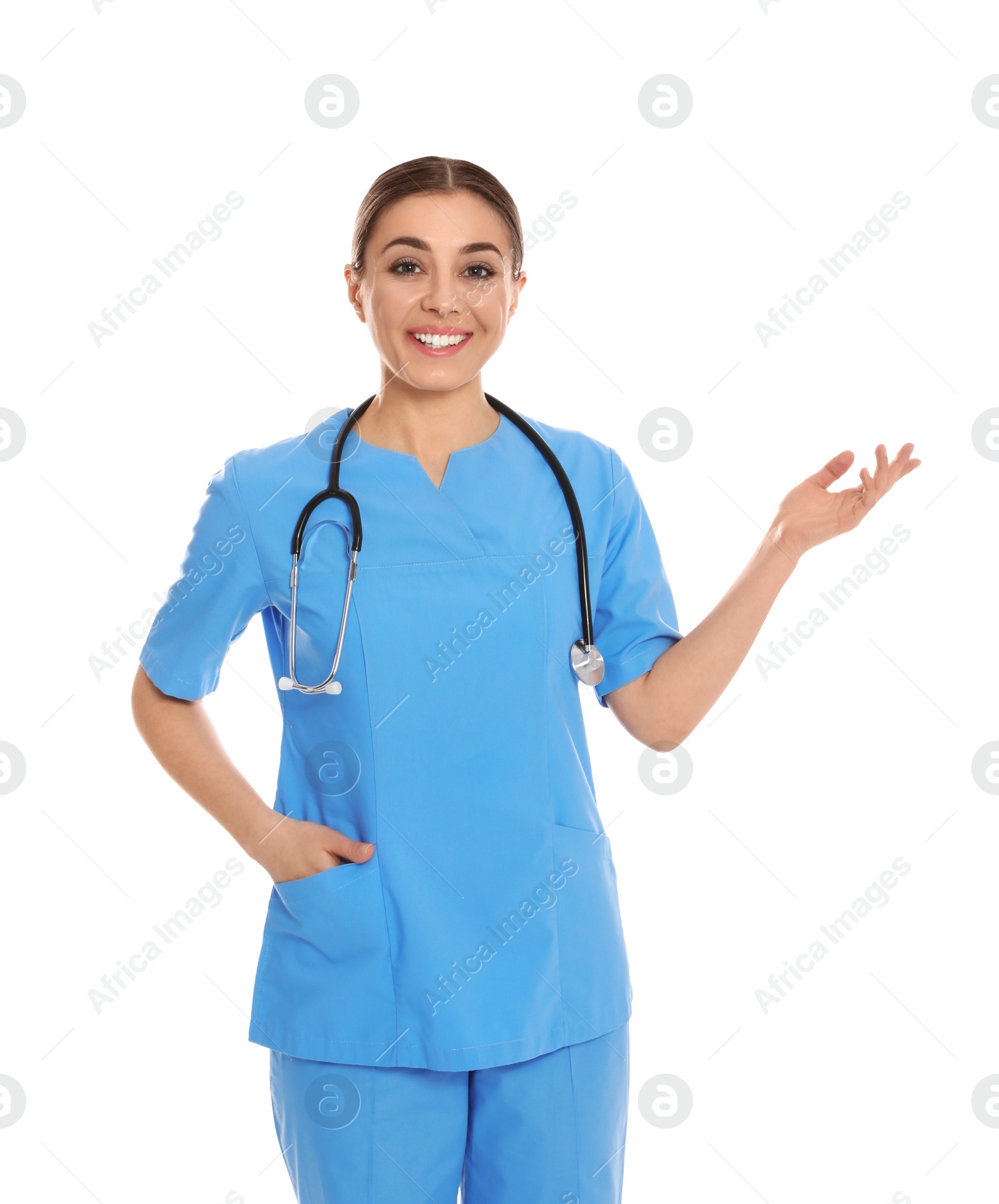 Photo of Portrait of medical doctor with stethoscope isolated on white