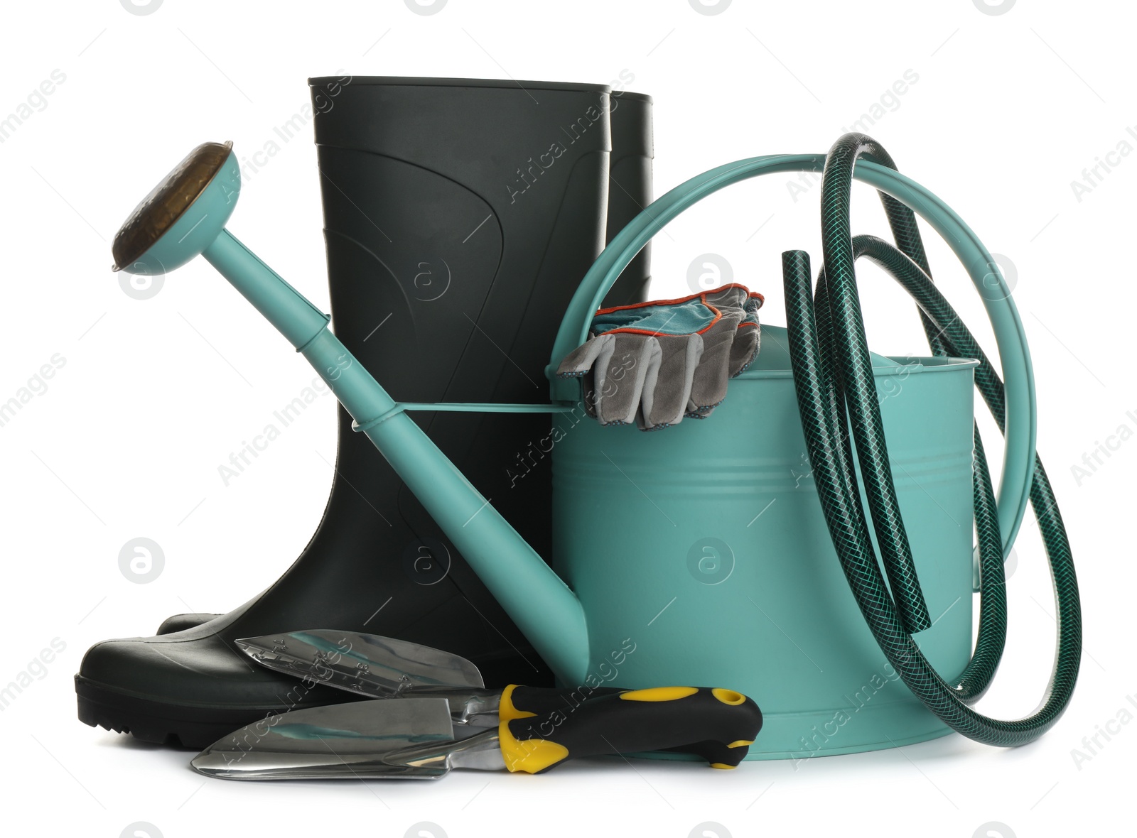 Photo of Different modern gardening tools on white background