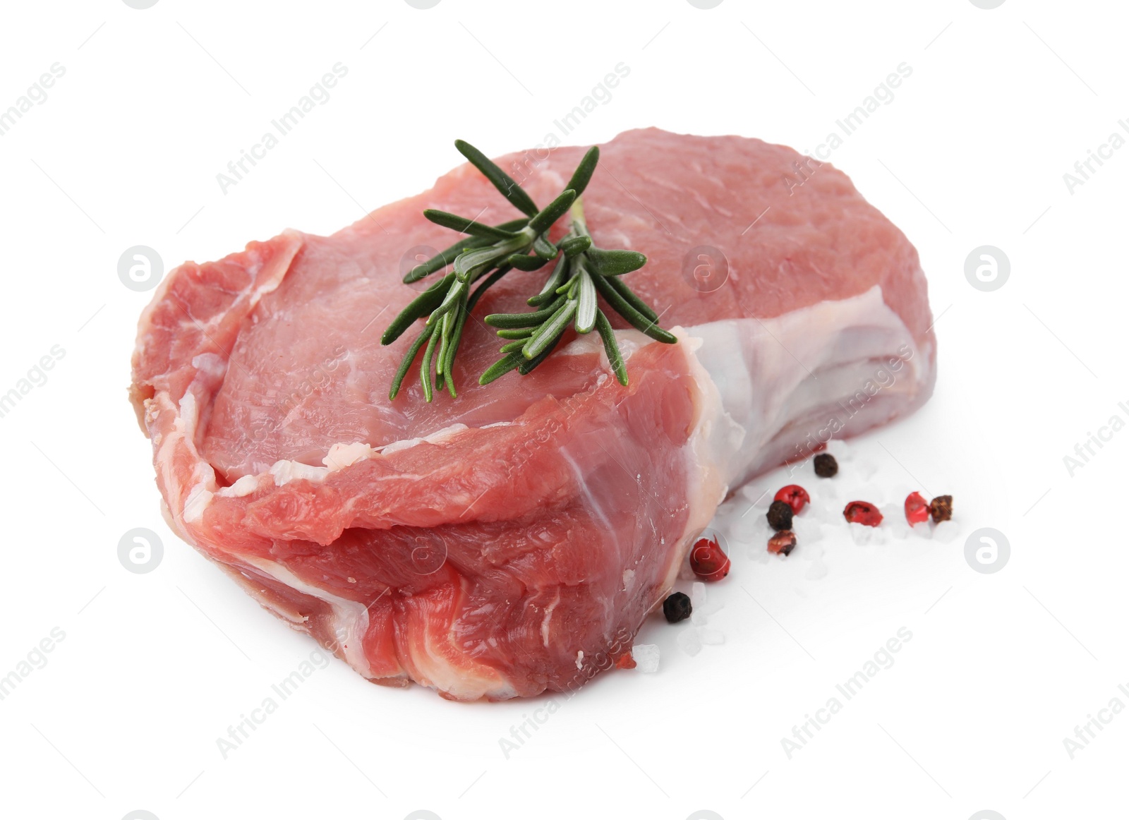 Photo of Fresh raw meat with rosemary and spices isolated on white