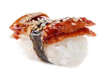 Delicious nigiri sushi with smoked eel isolated on white