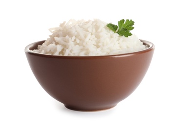 Bowl of tasty cooked rice with parsley on white background