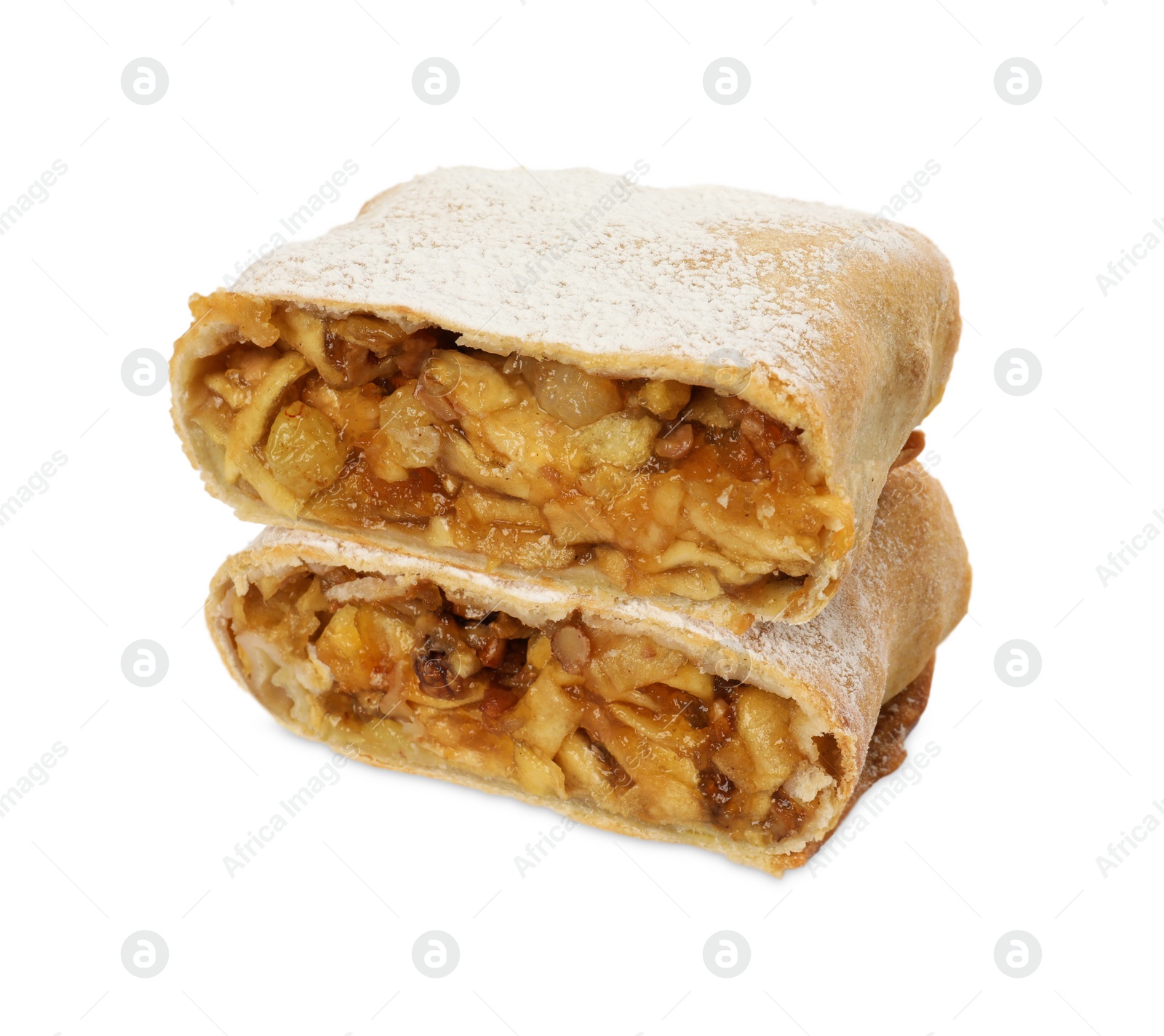 Photo of Delicious cut strudel with apples, nuts and raisins isolated on white