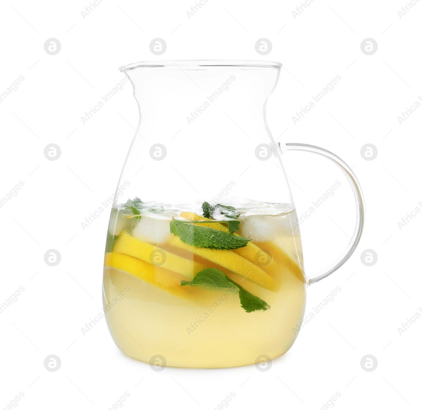 Photo of Natural lemonade with mint in glass jug isolated on white. Summer refreshing drink