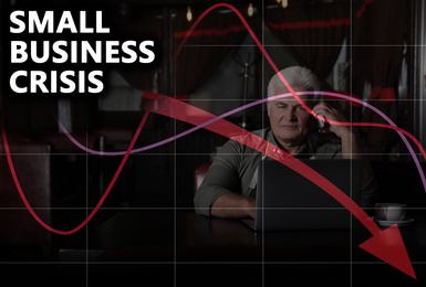 Double exposure of senior man working with laptop and falling down finansial chart. Small business crisis during covid-19 outbreak