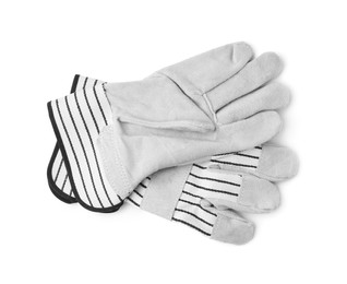 Photo of Pair of color gardening gloves isolated on white, top view