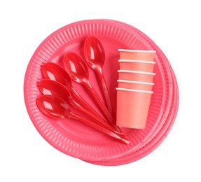Photo of Setbright disposable tableware on white background, top view