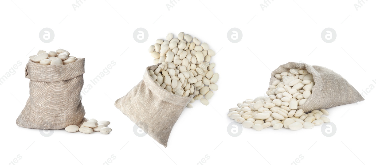 Image of Set with uncooked beans on white background. Banner design