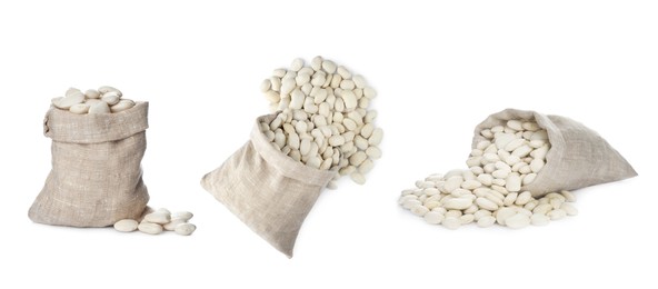 Set with uncooked beans on white background. Banner design