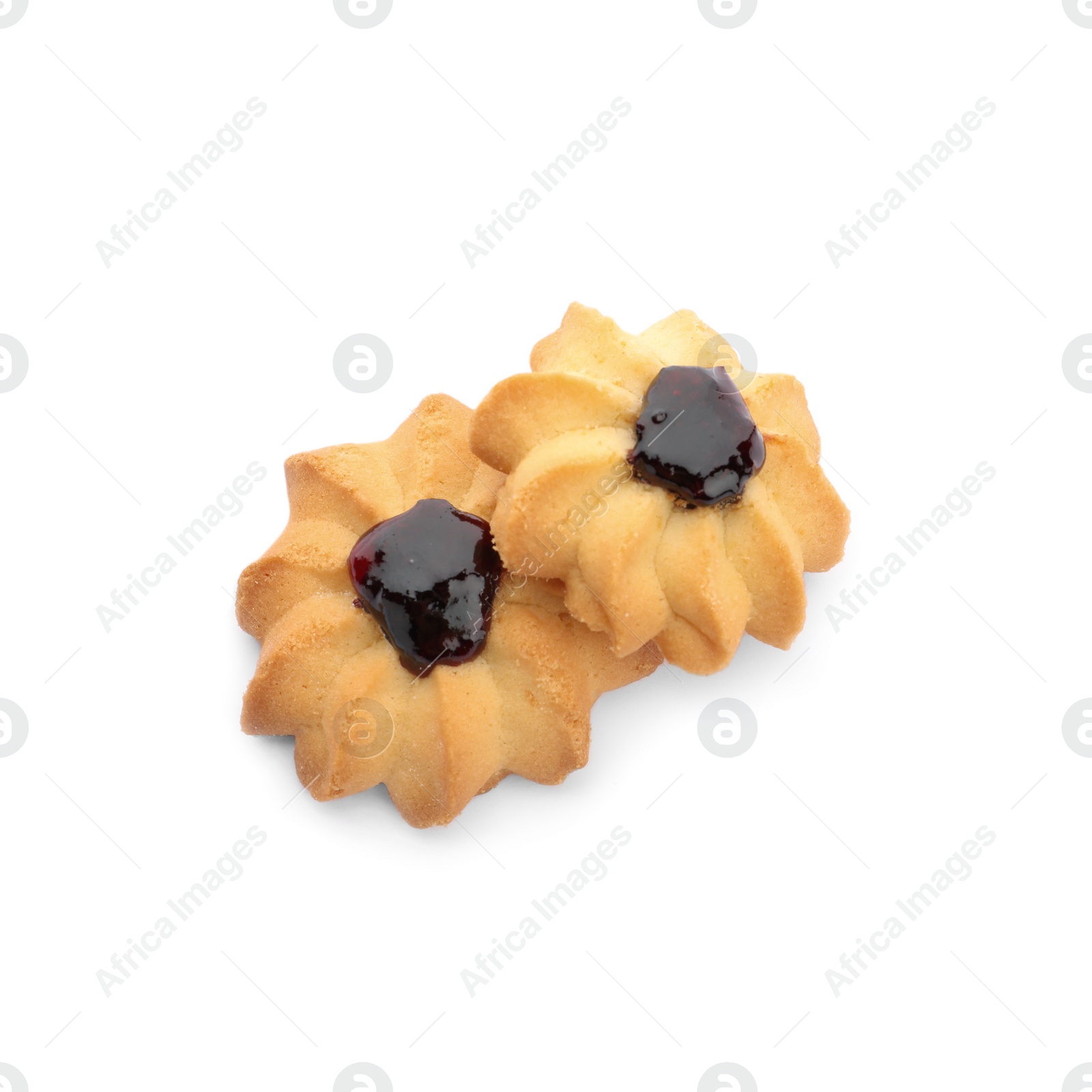 Photo of Tasty shortbread cookies with jam isolated on white, top view