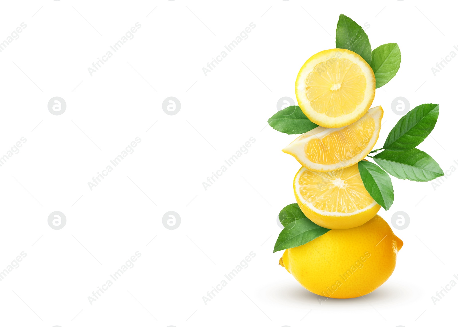 Image of Stacked cut and whole lemons with green leaves on white background