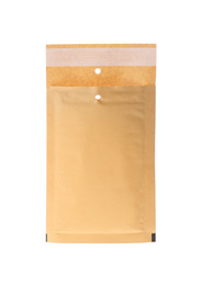 Photo of Kraft paper envelope isolated on white. Mail service