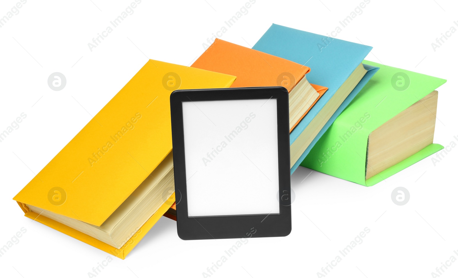 Photo of Hardcover books and modern e-book isolated on white