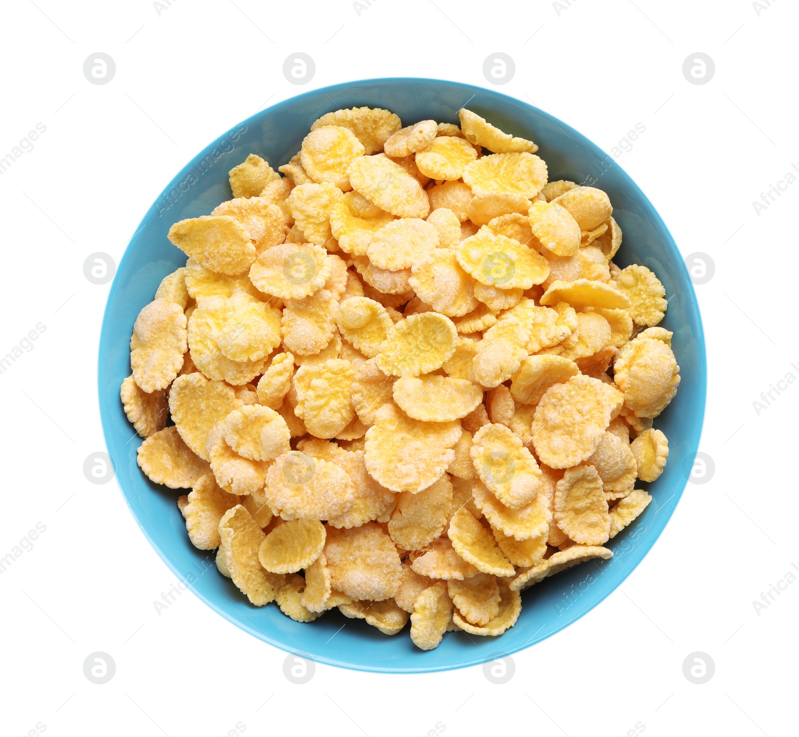 Photo of Bowl of tasty crispy corn flakes isolated on white, top view