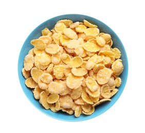Photo of Bowl of tasty crispy corn flakes isolated on white, top view