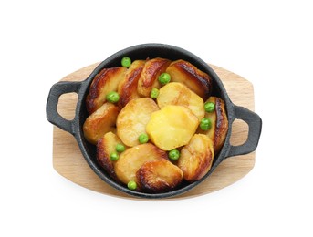 Photo of Tasty baked potatoes with peas isolated on white, top view