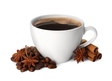 Photo of Cup of aromatic coffee with anise stars, cinnamon sticks and beans on white background