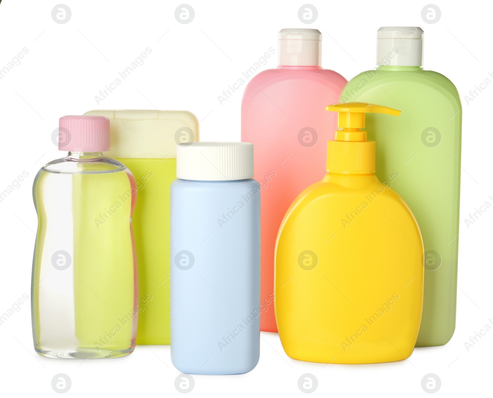 Photo of Bottles of baby cosmetic products on white background