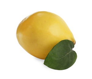 Photo of Fresh ripe quince with leaf on white background