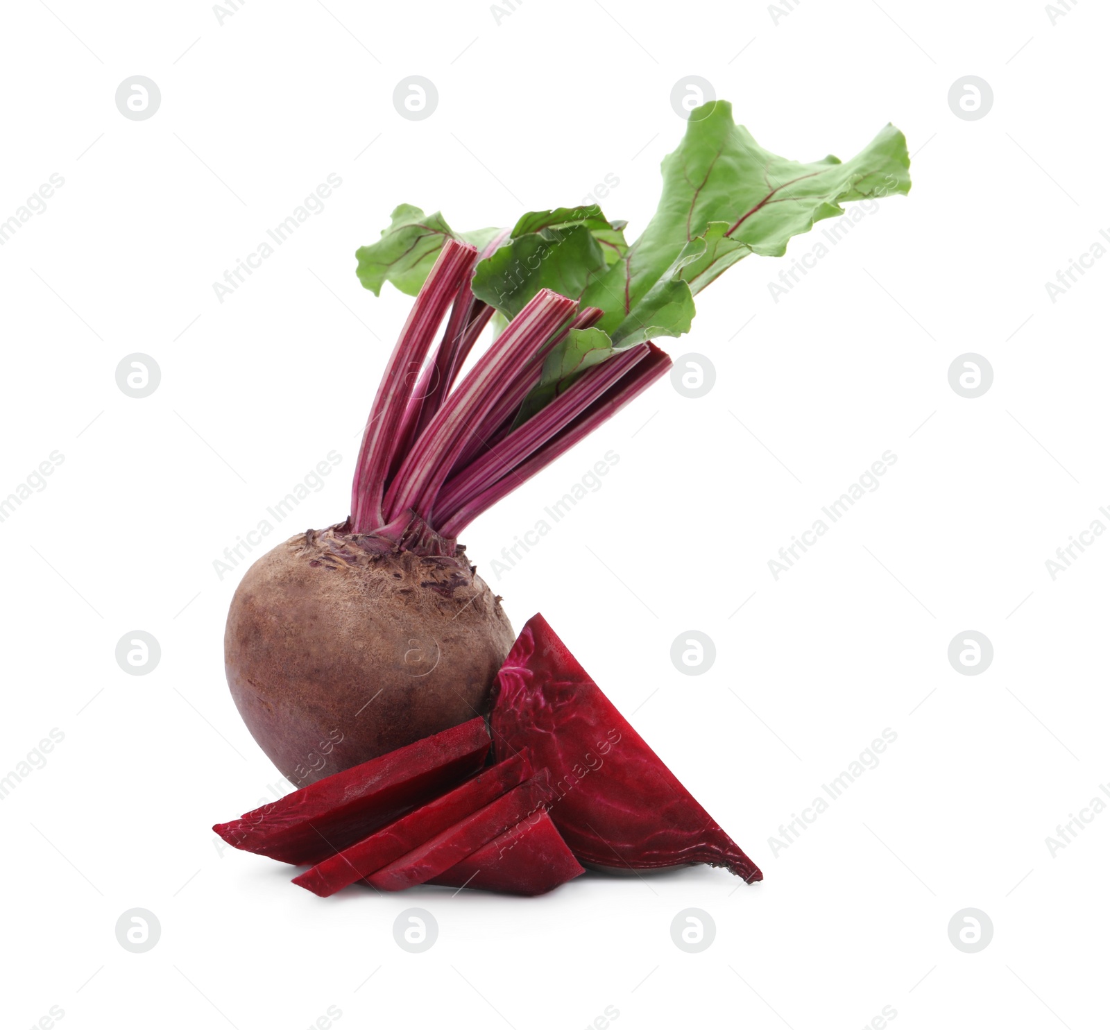 Photo of Whole and cut red beets on white background