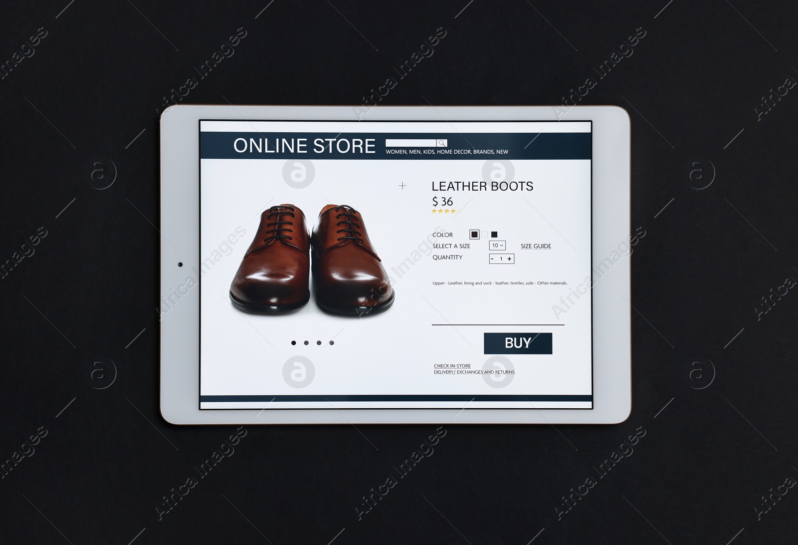 Photo of Modern tablet with open online store on black background, top view